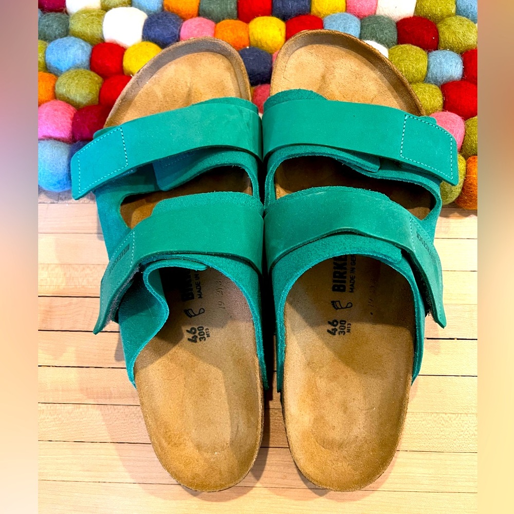 Birkenstock “Uji Nubuck-Suede” M46 (US13). Turquoise Sandals.